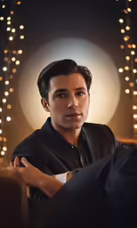 the man is posing for his picture wearing a black suit