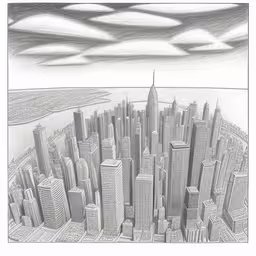 pencil drawing of a cityscape from above,pencil drawing of skylines and clouds in new york