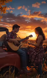 a young man playing guitar and sitting on the back of a pickup truck next to his girlfriend
