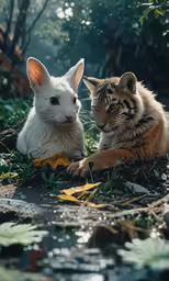 a tiger and white tiger laying on the ground next to each other