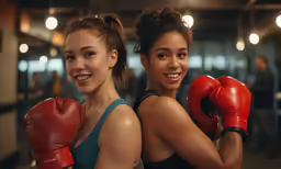 two beautiful young women wearing red boxing gloves