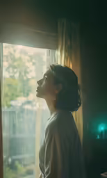 a woman looks out the window at a yard