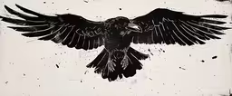 a bird is in the air with black wings,a black bird with outstretched wings sits on the ground