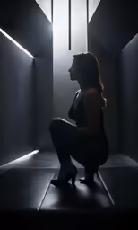 a woman sits in a dimly lit room