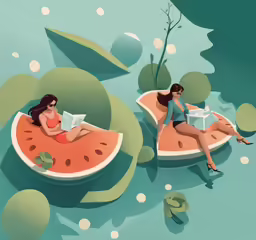 two women in watermelon shaped objects on a surface