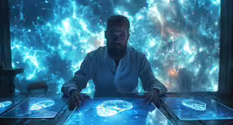the man sitting behind a table has several frames around it,a man looking at four different projected brain models