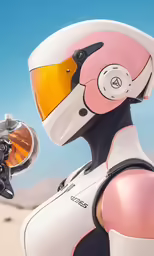 a futuristic woman with pink helmet and yellow goggles