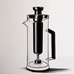 a black and white drawing of a french press coffee maker