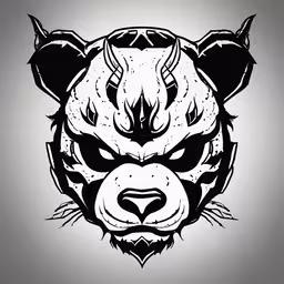 a black and white wolf mask,a wolf head with black lines drawn on the front