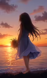 a child is looking at the water at sunset