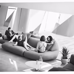 three people are lounging on the couch