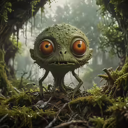 a green monster with orange eyes stands in the woods