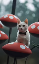 the kitten is standing on a row of mushrooms