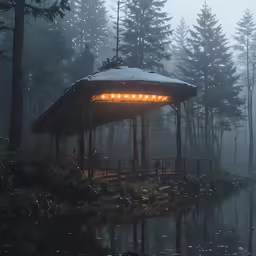 a beautiful gazebo with lights is in the forest