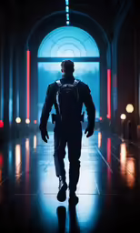 a man in a black outfit is walking inside