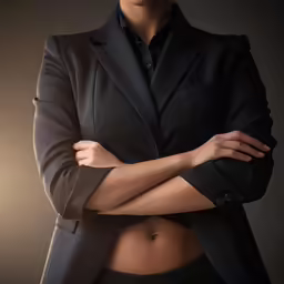 a woman is wearing a suit and showing off her stomach