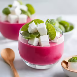 two bowls filled with pudding, mint and cubed sugar