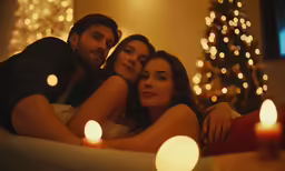 two girls and a man are hugging in front of a christmas tree