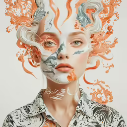 a girl is covered in bright white and orange lines