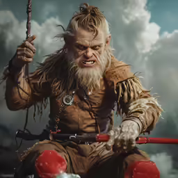 a male in traditional clothing holding an iron sword
