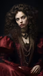 a young woman in a red outfit with an elaborate necklace,a woman in a red dress is posing for a photograph