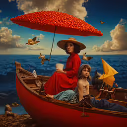 the painting depicts a woman with an umbrella riding a boat while another girl sits in a boat on the shore with birds flying overhead,two people in a boat with an umbrella