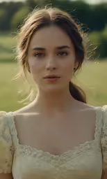 a woman wearing a lace top in a field