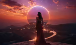 the sun rises over a mountain side and there is a woman standing on top of it