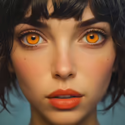 a woman with yellow eyes and black hair is wearing orange lipstick