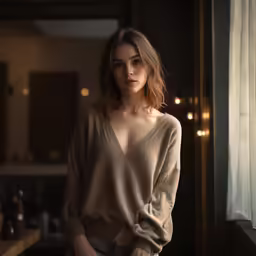 a woman in a tan shirt standing by the window