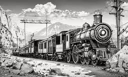 a black and white image of a train,a train engine pulling passenger cars through a rural countryside