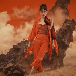 a woman wearing an orange jumpsuit standing in a desert area