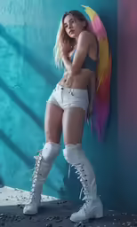 a beautiful woman in white boots standing in front of a colorful wall