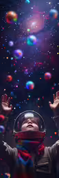 a kid wearing a helmet on his head and arms with space in the background,an image of a child with bubbles surrounding him