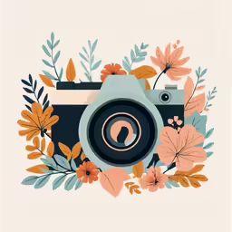 a camera with a camera lens, surrounded by orange flowers