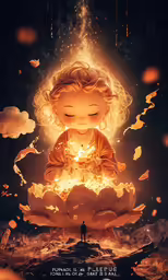 a girl in meditation pose surrounded by falling leaves