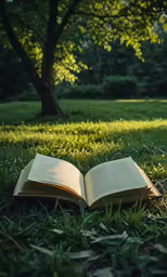 an open book sits on the ground in front of a tree