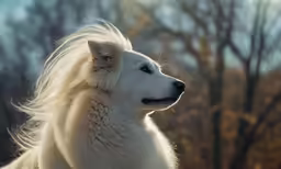 an adorable white dog sitting with its hair blowing in the wind