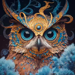 a owl with a mask on and an intricate blue face