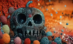 an artfully arranged image of a skull surrounded by berries