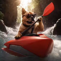 a dog is on a red raft with its paws in the air