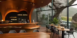 the large circular table is in front of the glass wall