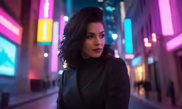 a woman is looking off to the side while standing outside in front of buildings