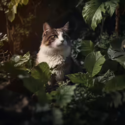 there is a cat sitting in the green bushes