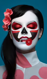 a girl with a white and red face and red flowers in her hair
