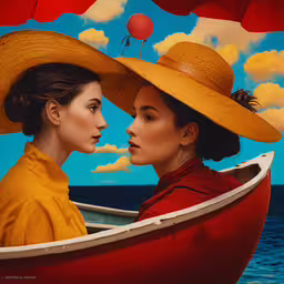 two women in hats, one wearing a yellow shirt and one brown hat,two women in hats are sitting inside of a boat