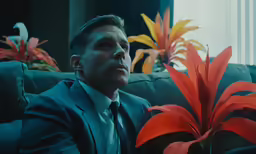 a man in a suit sitting on a couch with a plant next to him