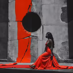a woman sitting on a red sheet on the ground next to an orange piece of art
