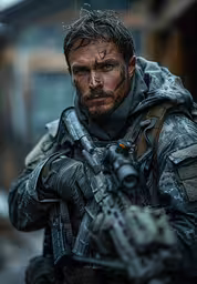 a man with an armored suit holds a gun,a man wearing a uniform with an airstritch