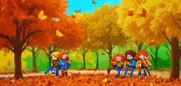 a painting of three children on benches surrounded by leaves,children on park bench under colorful fall leaves
